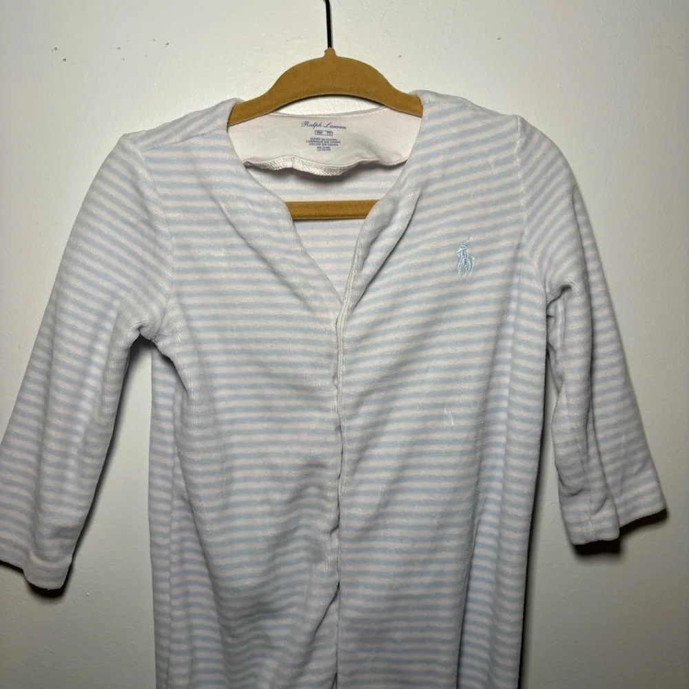 Ralph Lauren Baby One Piece Blue White Striped Velvet Velour 9M Footed Coverall